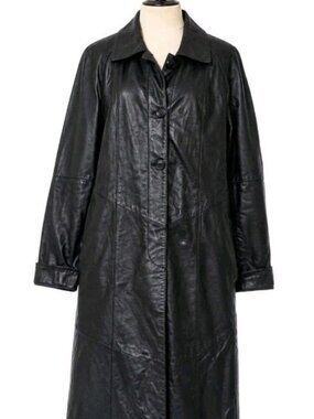 Studio C Women’s Black Genuine Leather Full Length Maxi Trench Coat Size M/20.